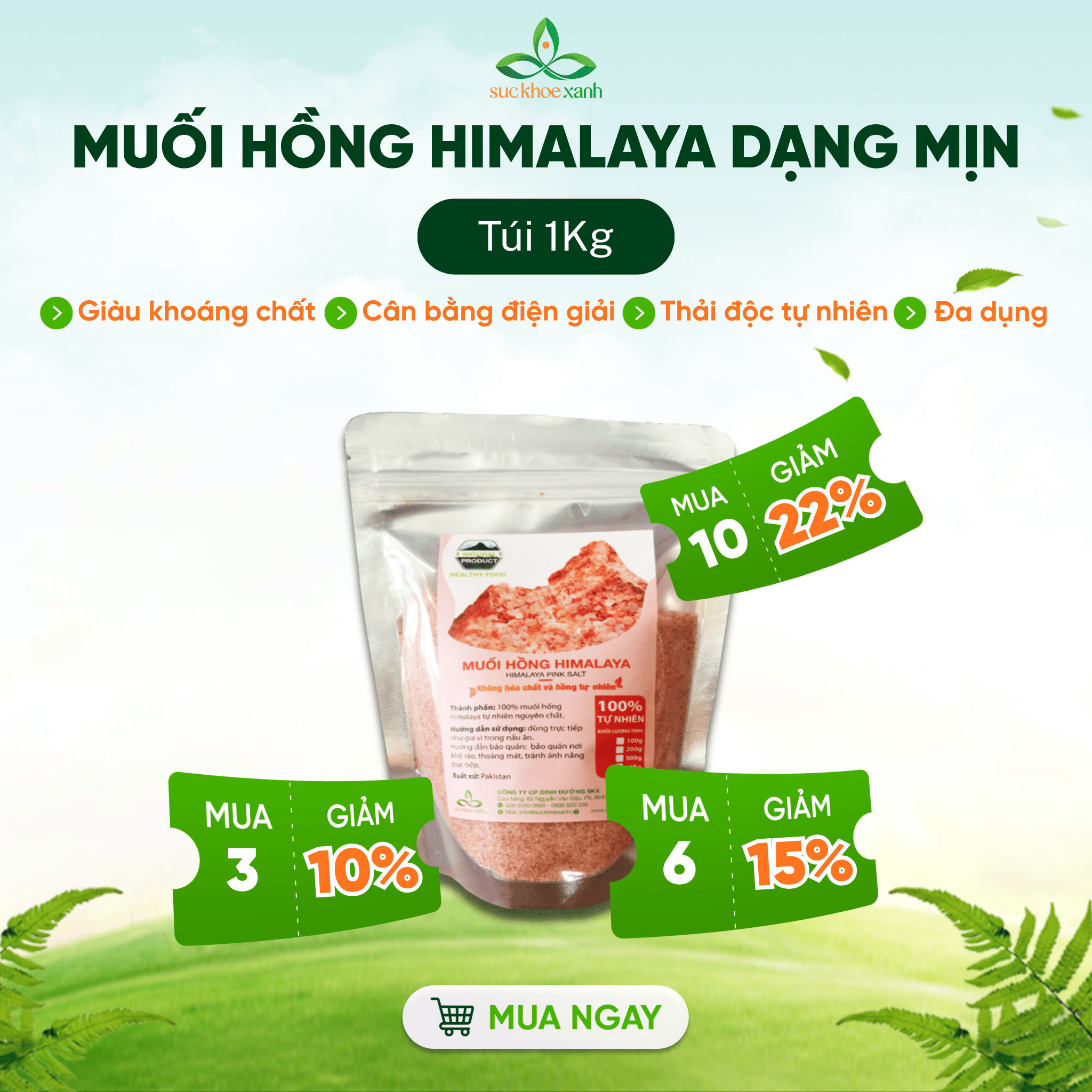 Muối hồng himalaya dạng mịn 1kg sức khỏe xanh – khoáng chất tự nhiên – nấu ăn, chăm sóc da