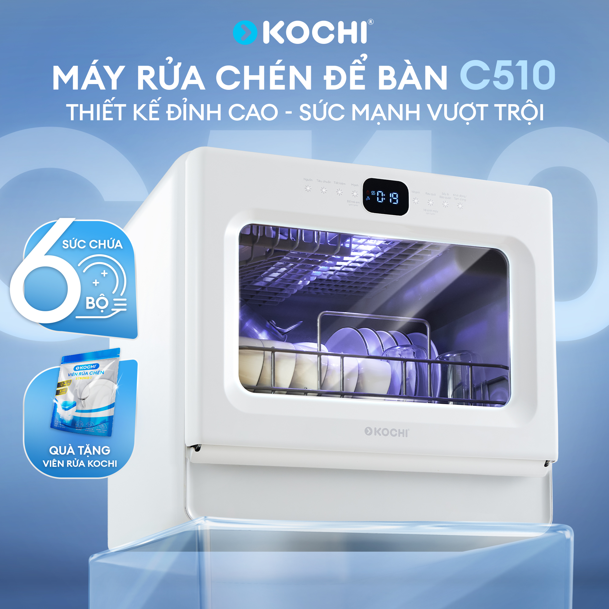 Kochi C510 Desktop Dishwasher - 6 Sets - Transparent Door - Hot Water Wash 75 ° C - Ptc Drying - No Installation Required