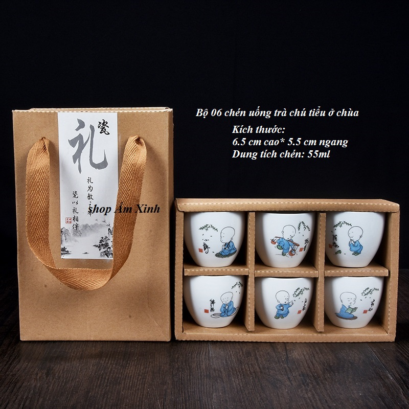 Bộ chén uống trà  chú tiểu trên chùa