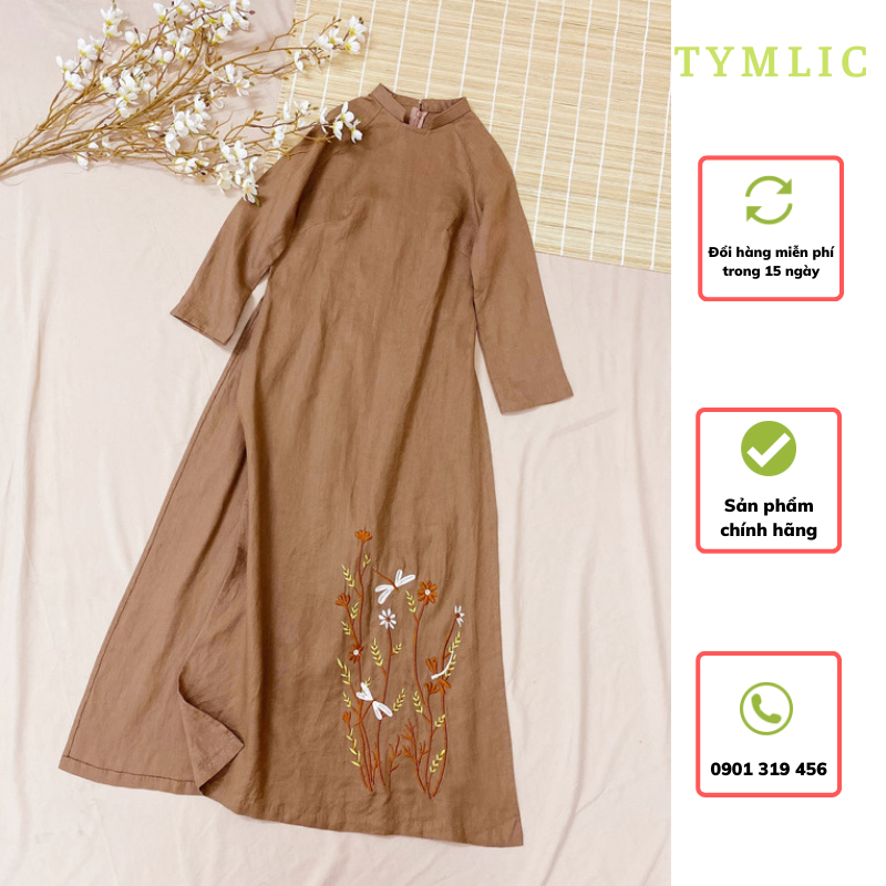 Áo dài linen tưng premium thêu hoa lá màu nâu tymlic