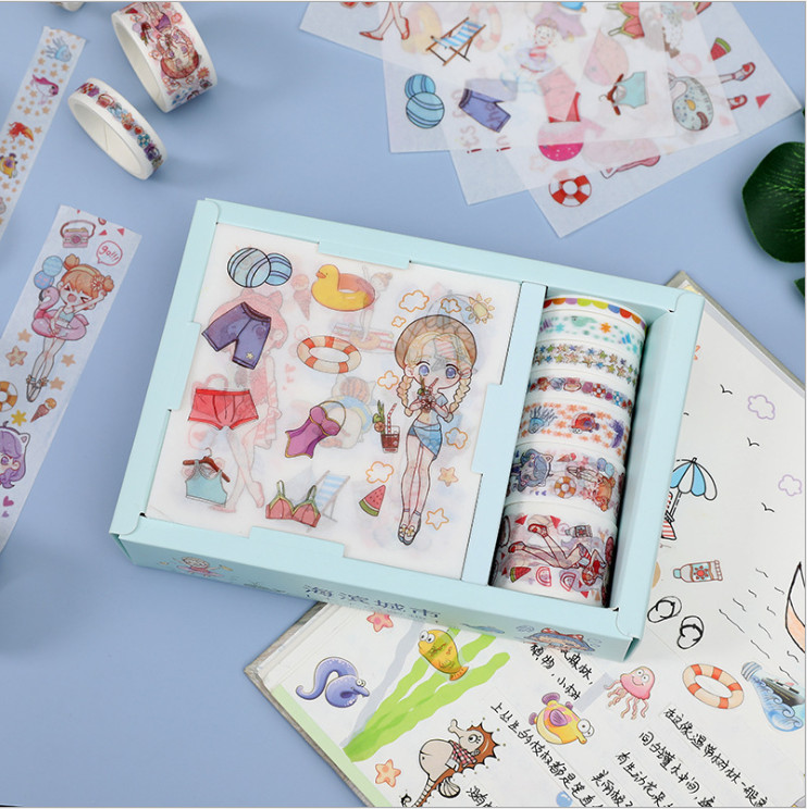 Set 7 cuộn băng dính và 9 miếng dán sticker trang trí đồ dùng cá nhân hoạt hình Chibi siêu xinh BMIM SETSBD588