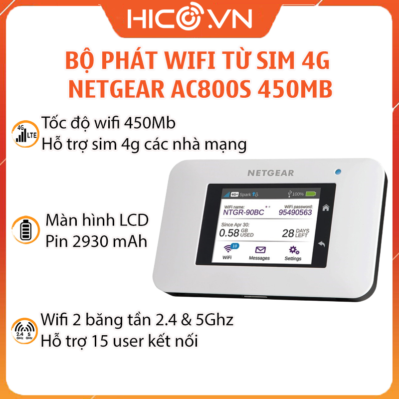 Bộ phát wifi từ sim 4g netgear aircard ac800s cat 9 tốc độ 450mbps | phiên bản quốc tế