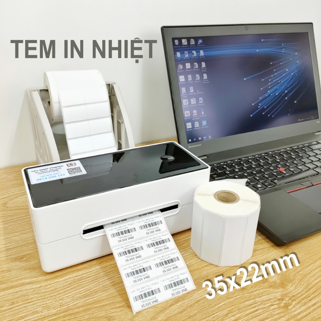 [HCM]Cuộn 2400 tem decal nhiệt 35x22mm 2 hàng tem dài 30m dùng in tem mã vạch Minicode dán lên sản phẩm và hàng hóa