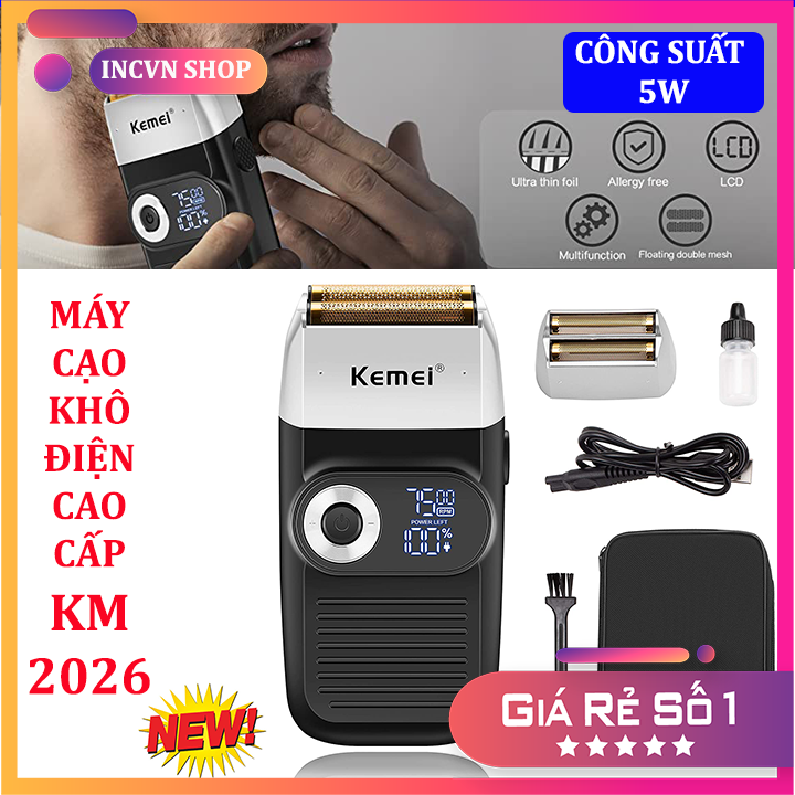 Máy cạo râu điện cao cấp Kemei 2026 màn hình LCD,chuyên dùng cạo râu, tỉa tóc mai, ria mép siêu sát, cạo tóc, cạo trọc, cạo nhẵn vùng cạo -Thiết Kế Mạ Vàng Chống Kích Ứng Da,Công Suất Mạnh 5W,3 Chế Độ Cắt Tiện Lợi