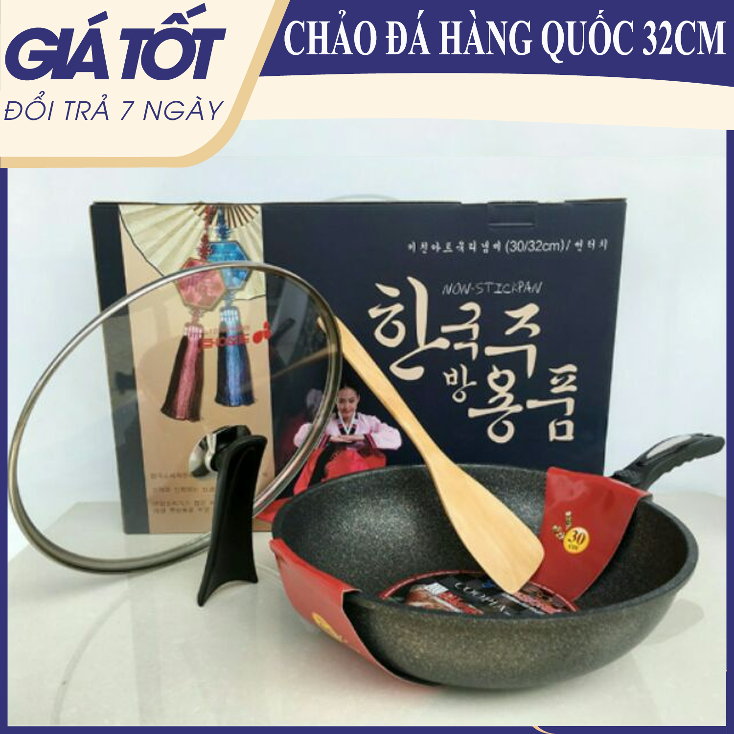 Chảo đá chống dính Hàn Quốc - Chảo vân chống dính- Chảo đá chống dính 32cm Có kèm nắp kính - Chảo rán, chiên - Chảo chống dính, chảo sâu lòng - Hỗ trợ đổi trả 7 ngày