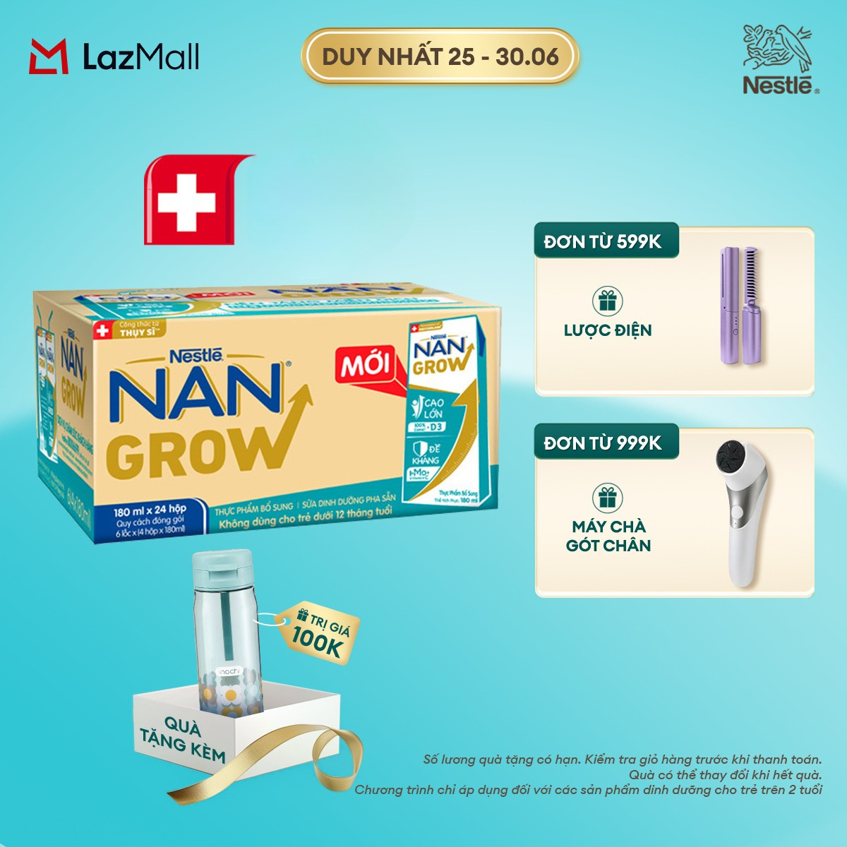 [Chỉ 25-30.06 QT Đơn 599K/999K][Tặng Bình nước Inochi] Thùng 24 hộp Sữa Dinh Dưỡng Pha Sẵn Nestlé NANGROW 180ml cho bé trên 1 tuổi  - Sữa nước vị nhạt công thức từ Thụy Sĩ