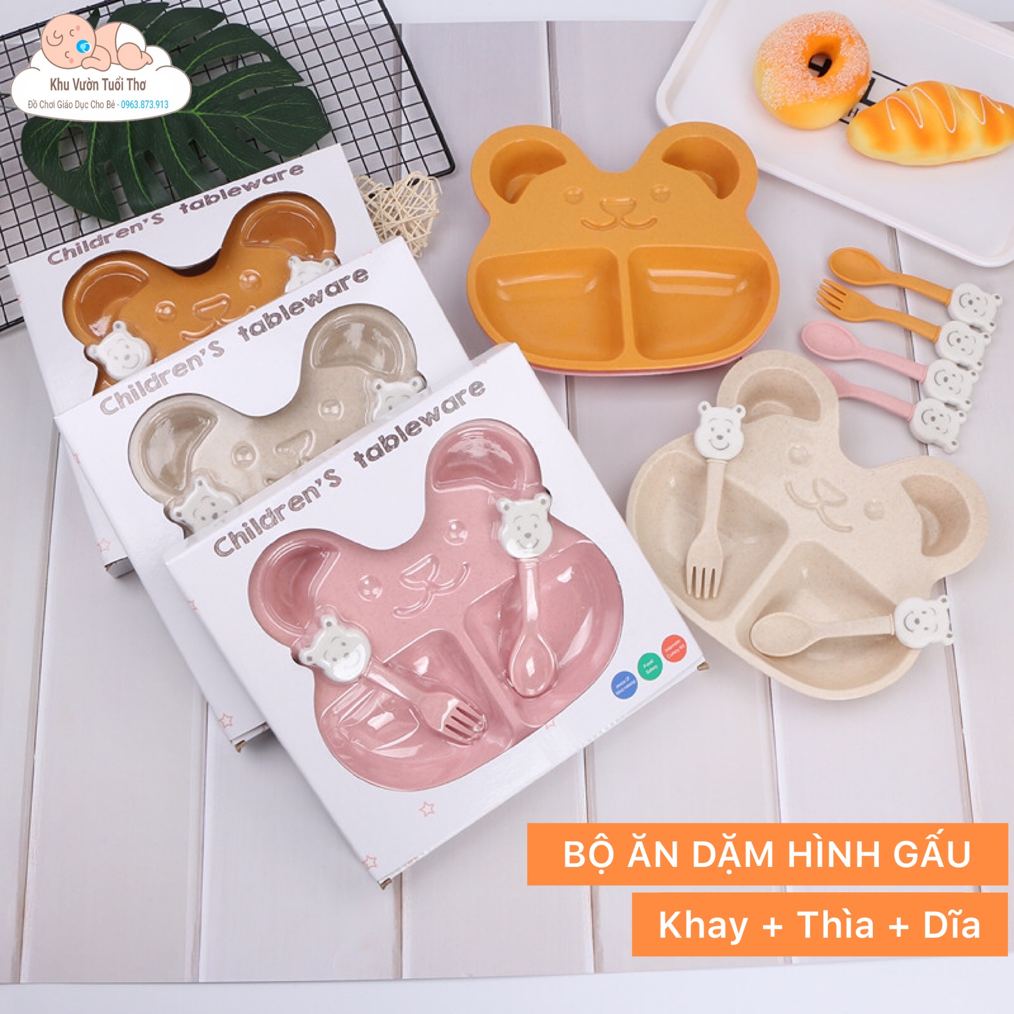 Khay ăn dặm lúa mạch hình gấu đáng yêu kèm thìa dĩa cho bé tập ăn dặm