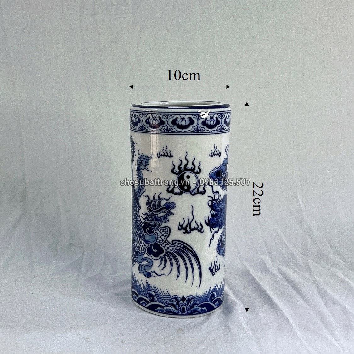Ống hương men xanh lam rồng phượng - đồ thờ cúng trên bàn thờ