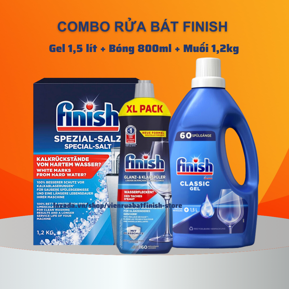 Nước rửa bát Finish 1500ml + Bóng Finish 800ml + Muối Finish 1,2 kg chuyên dùng cho máy rửa chén máy rửa bát