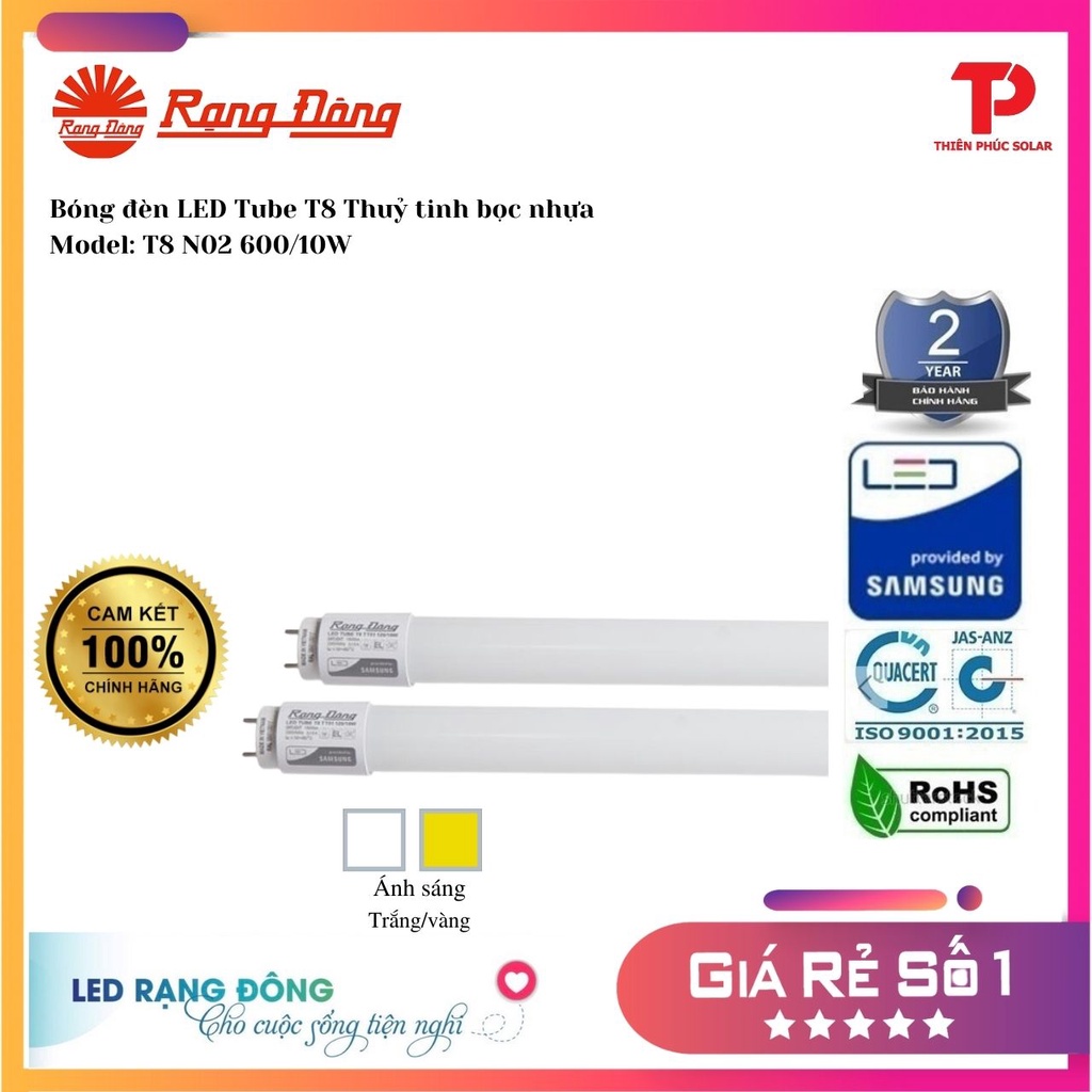 [Shop Chính Hãng] Bóng đèn LED Tube T8 Thuỷ tinh bọc nhựa N02 600/10W - 3000K/6500K SS Rạng Đông