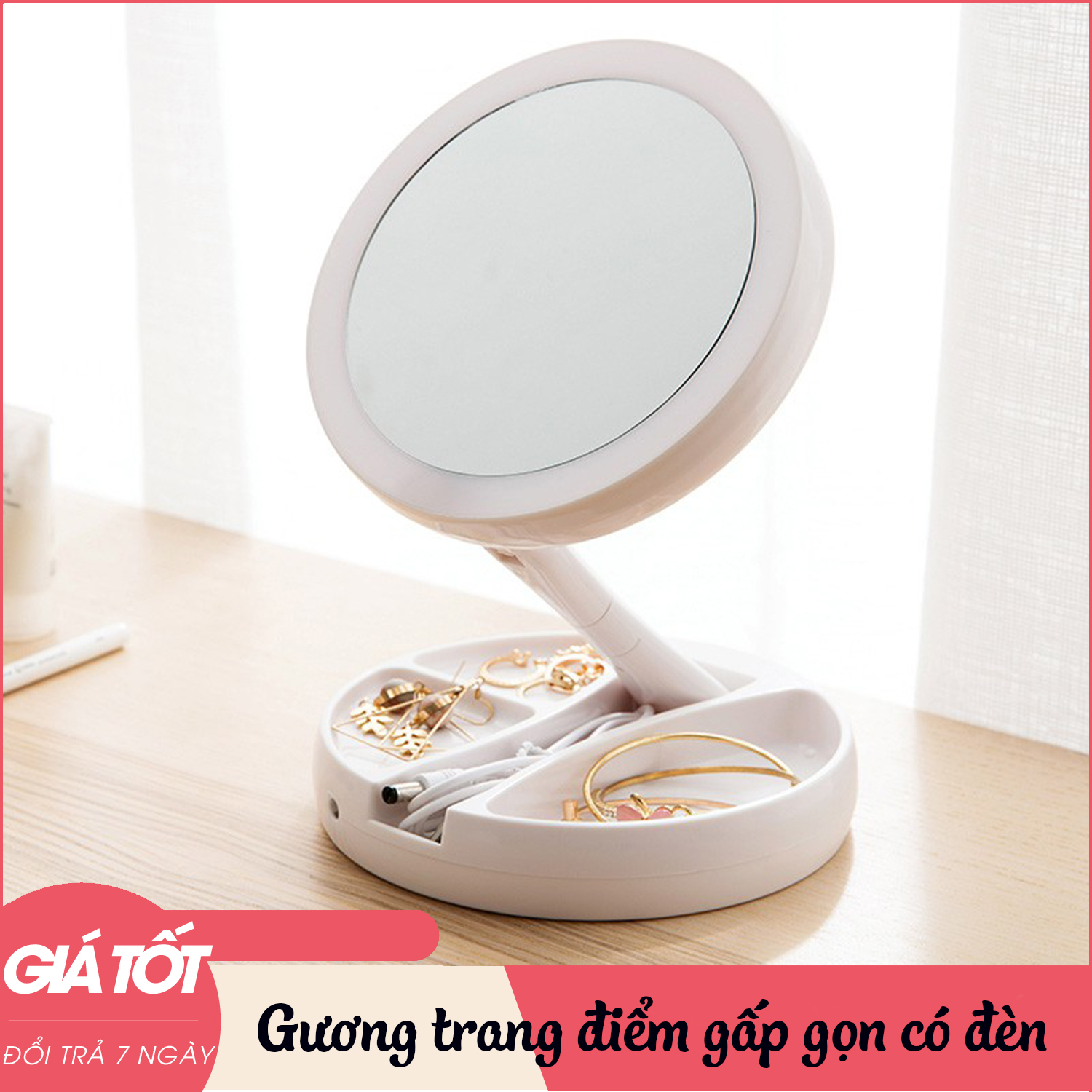 Gương, Gương Để Bàn, Gương Trang Điểm Gấp Gọn Có Đèn Led Trợ Sáng, Gương Để Bàn Trang Điểm Gấp Gọn Đèn Led Trợ Sáng, Sử Dụng Pin Có Thể Sạc Lại, Nhỏ Gọn, Tiện Lợi, Sử Dụng Dễ Dàng