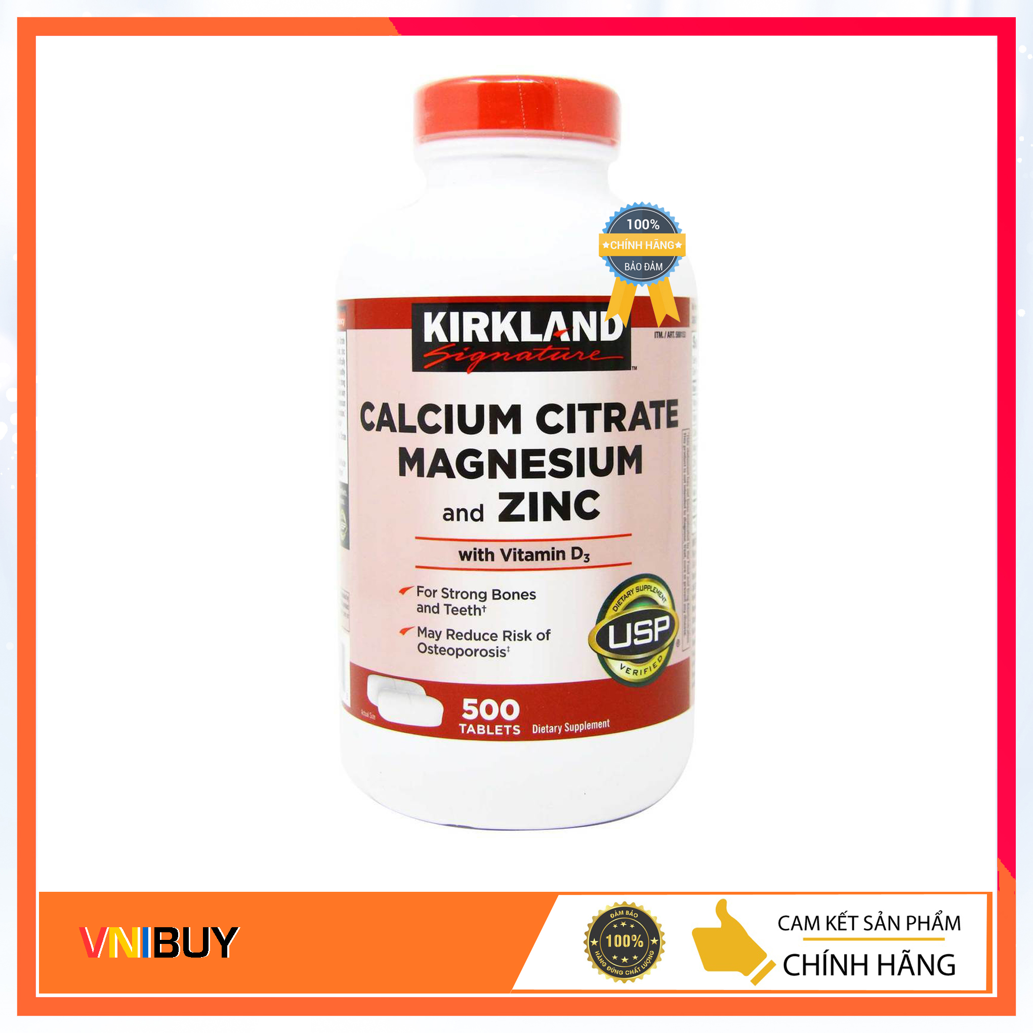 Viên uống bổ sung Canxi, Magie và Kẽm với Vitamin D3, Kirkland Calcium Citrate Magnesium and Zinc with Vitamin D3 500 viên Mỹ - VNIBUY