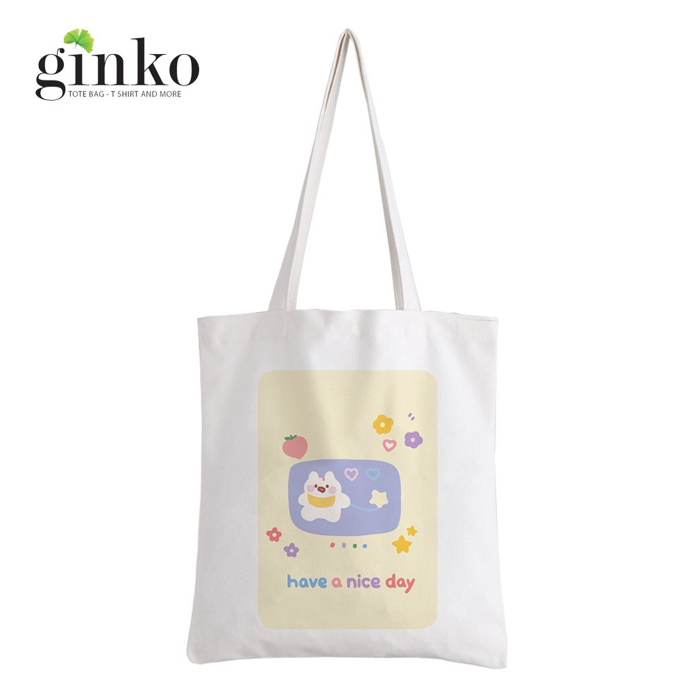 Túi Tote Vải Canvas Ginko kiểu basic có dây kéo khóa miệng túi( có túi con bên trong) đựng vừa laptop 14 inch và nhiều đồ dùng khác In Hình Cartoon G166
