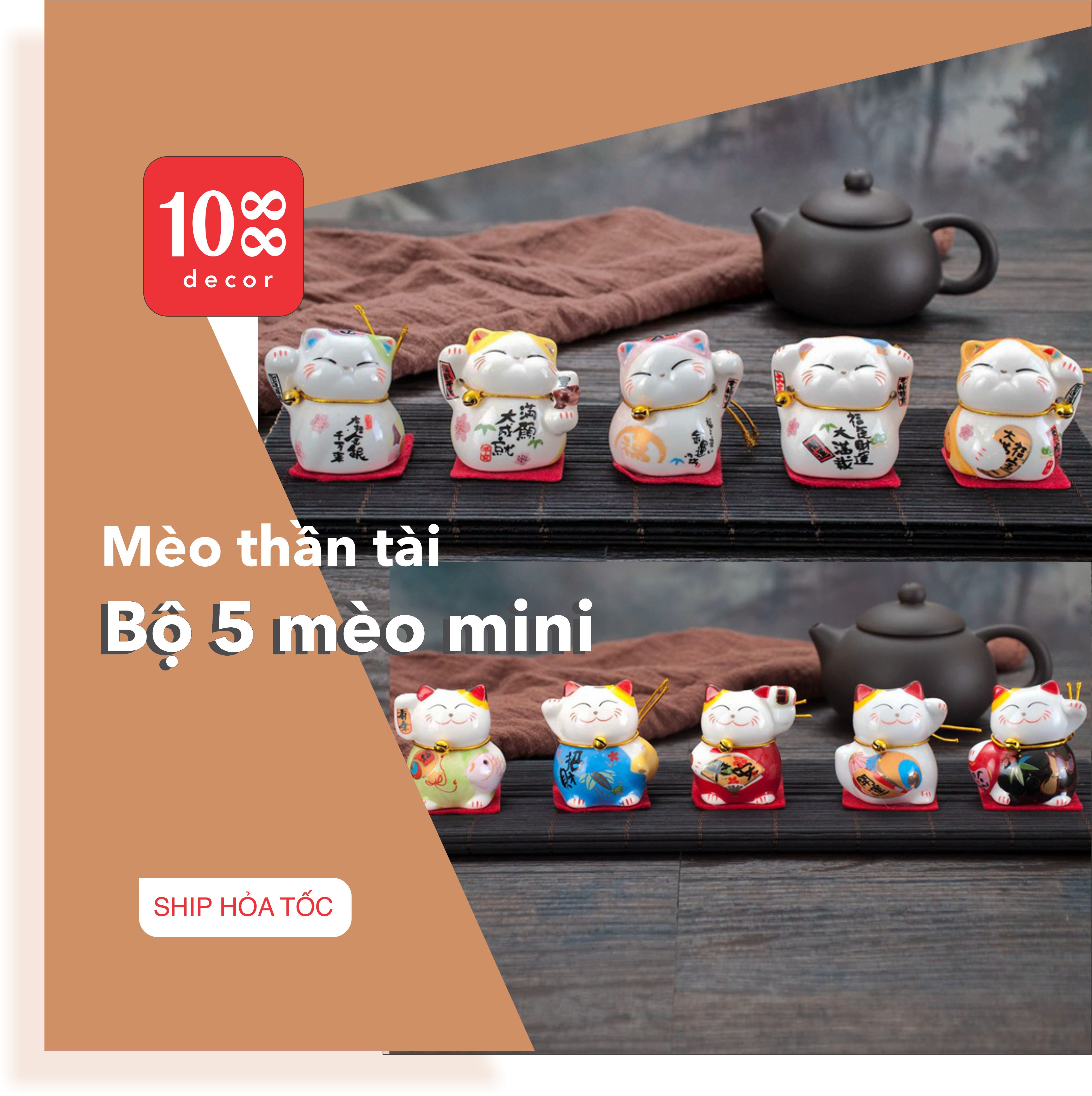 Bộ 5 mèo thần tài nhỏ, trang trí bàn, kệ sách, tivi - mẫu sứ, sắc nét có hộp bảo vệ chống va đập