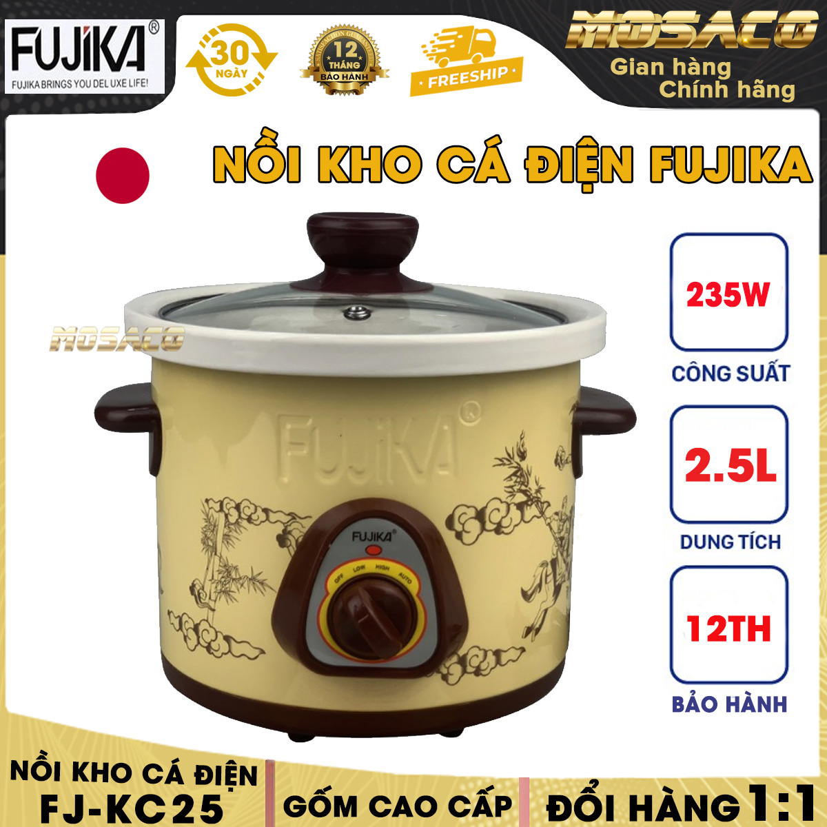 Nồi kho cá FUJIKA FJ-KC25 dung tích 2,5L. Nồi kho cá điện Fujika với công suất 120-235W chất liệu thân gốm cao cấp Nắp thuỷ tinh chế độ nấu tuỳ chỉnh bảo hành 12 tháng đóng gói cẩn thận - MOSACO GIA DỤNG