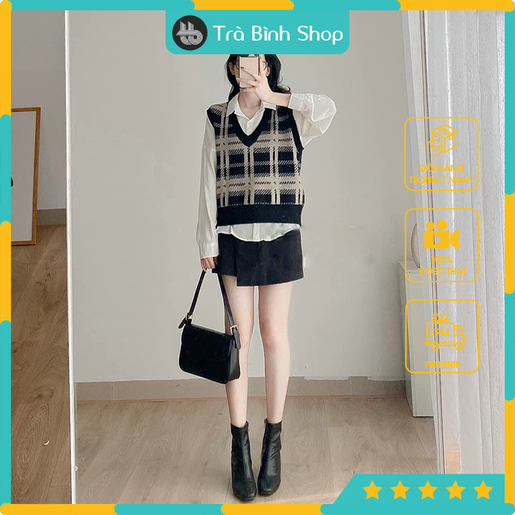 Áo gile len nữ kẻ sọc phong cách dễ thương dễ phối đồ