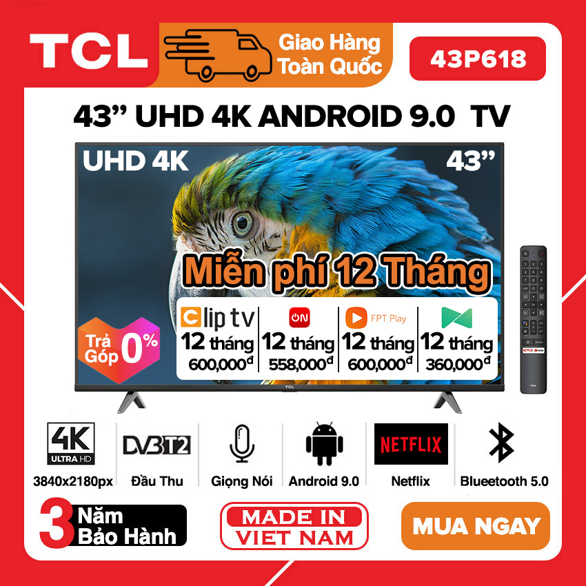 ❏ smart voice tivi tcl 43 inch uhd 4k - 43p618 / 43t6 / 43t65 android 9.0 điều khiển giọng nói hdr wifi 2.4ghz bluetooth chromecast built-in netflix miễn phí 12 tháng clip tv vtvcab on fpt play tivi giá rẻ - bảo hành 3 nă