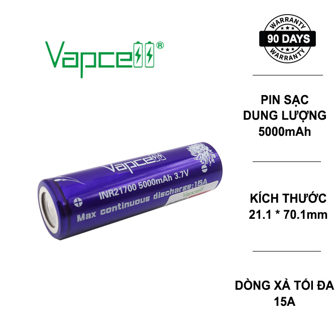 [HÀNG XỊN] Pin sạc VapCell INR21700 dòng xả 15A dung lượng 5000mAh