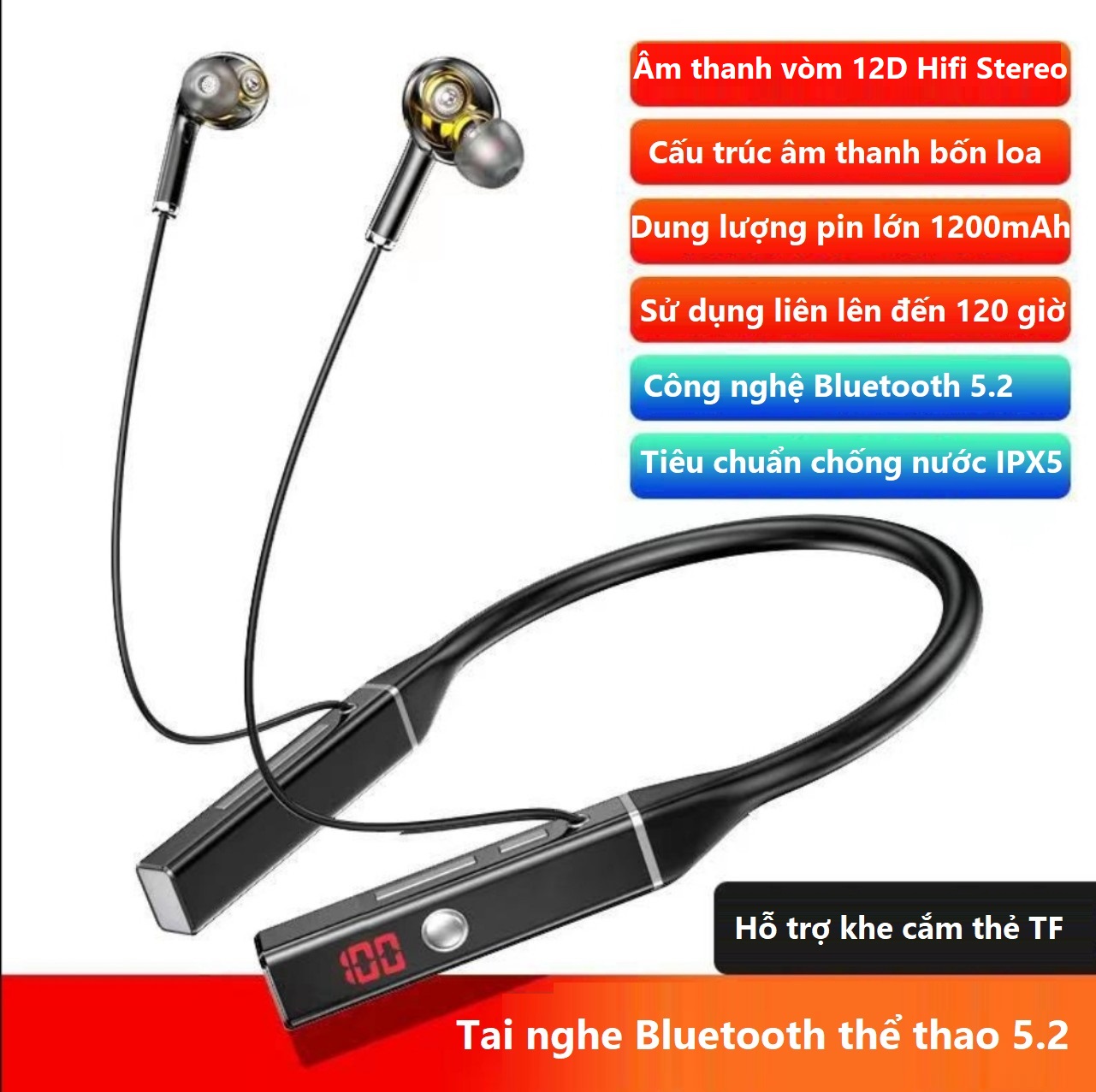 Tai nghe Bluetooth F8 chip 5.2 Pin 1000 mAh nghe nhạc và đàm thoại liên tục lên đến 120 giờ . Bốn loa âm thanh vòm 12D  ,Bass siêu mạnh , khe cắm thẻ nhớ , Chức năng Siri .