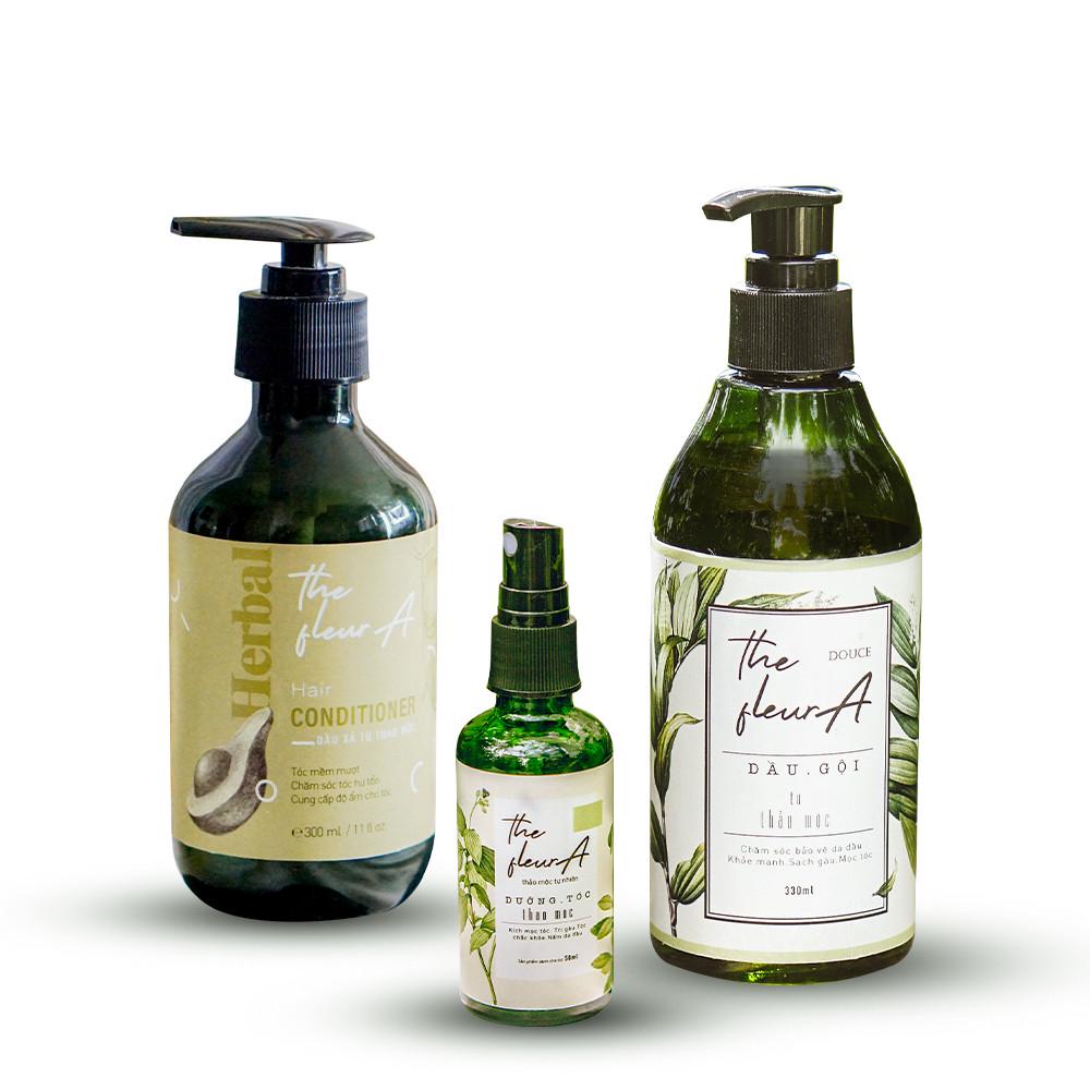 COMBO Dầu gội - Dầu xả - Xịt dưỡng tóc Thảo Mộc The FLEURA giúp mái tóc chắc khỏe, suôn mượt, giảm rụng, sạch gàu, mọc tóc nhanh - Pretty Valley Store