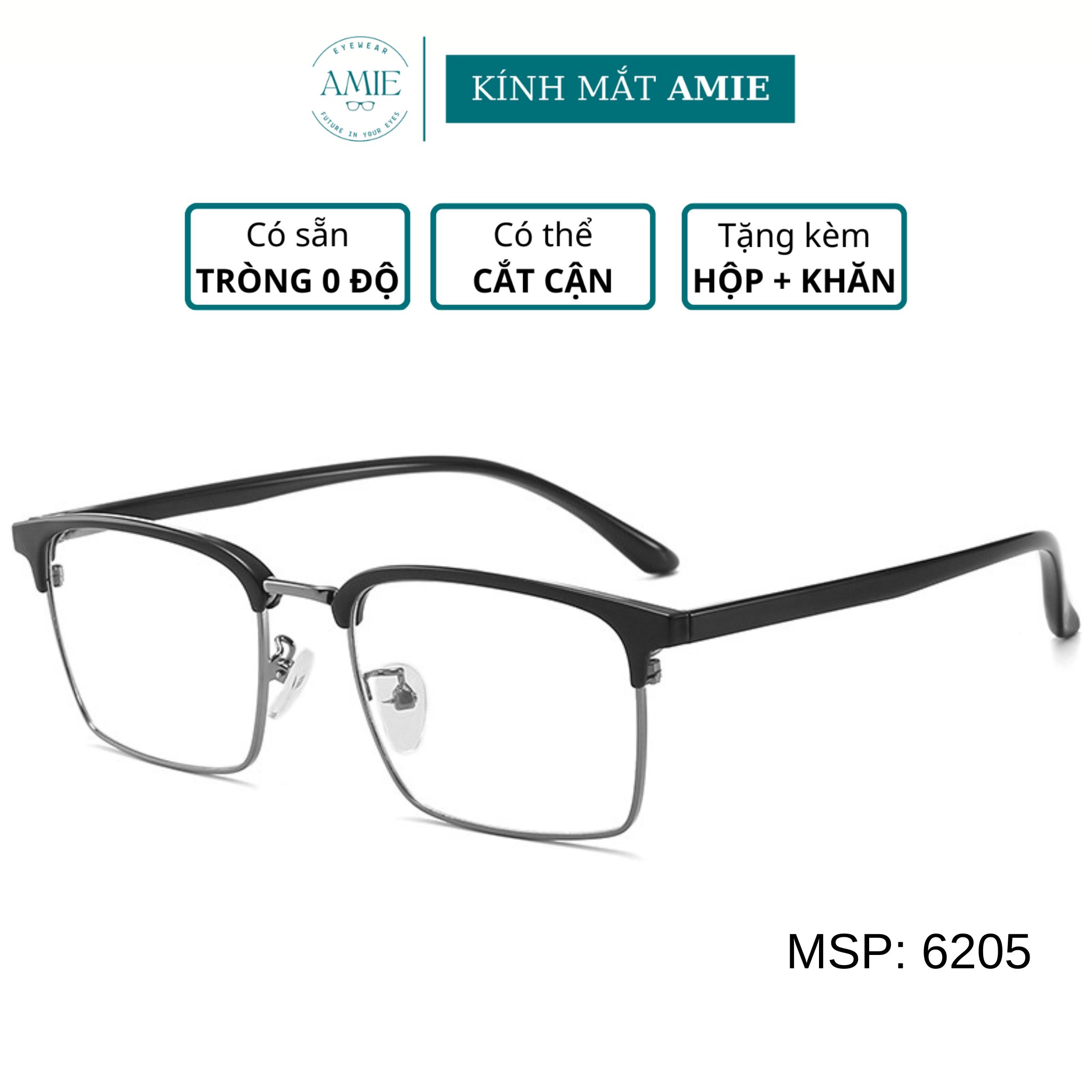 Mắt kính cận vuông A&Eeyewear gọng kính nhựa dẻo 6205 kiểu dáng đơn giản phù hợp đi làm, đi học, đi chơi