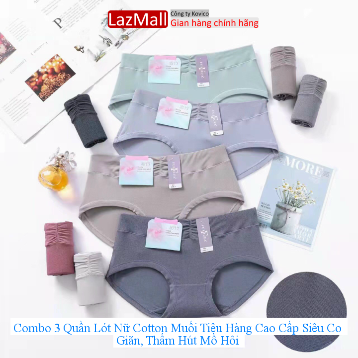 Combo 3 quần lót nữ cotton muối tiêu hàng cao cấp siêu co giãn, thấm hút mồ hôi