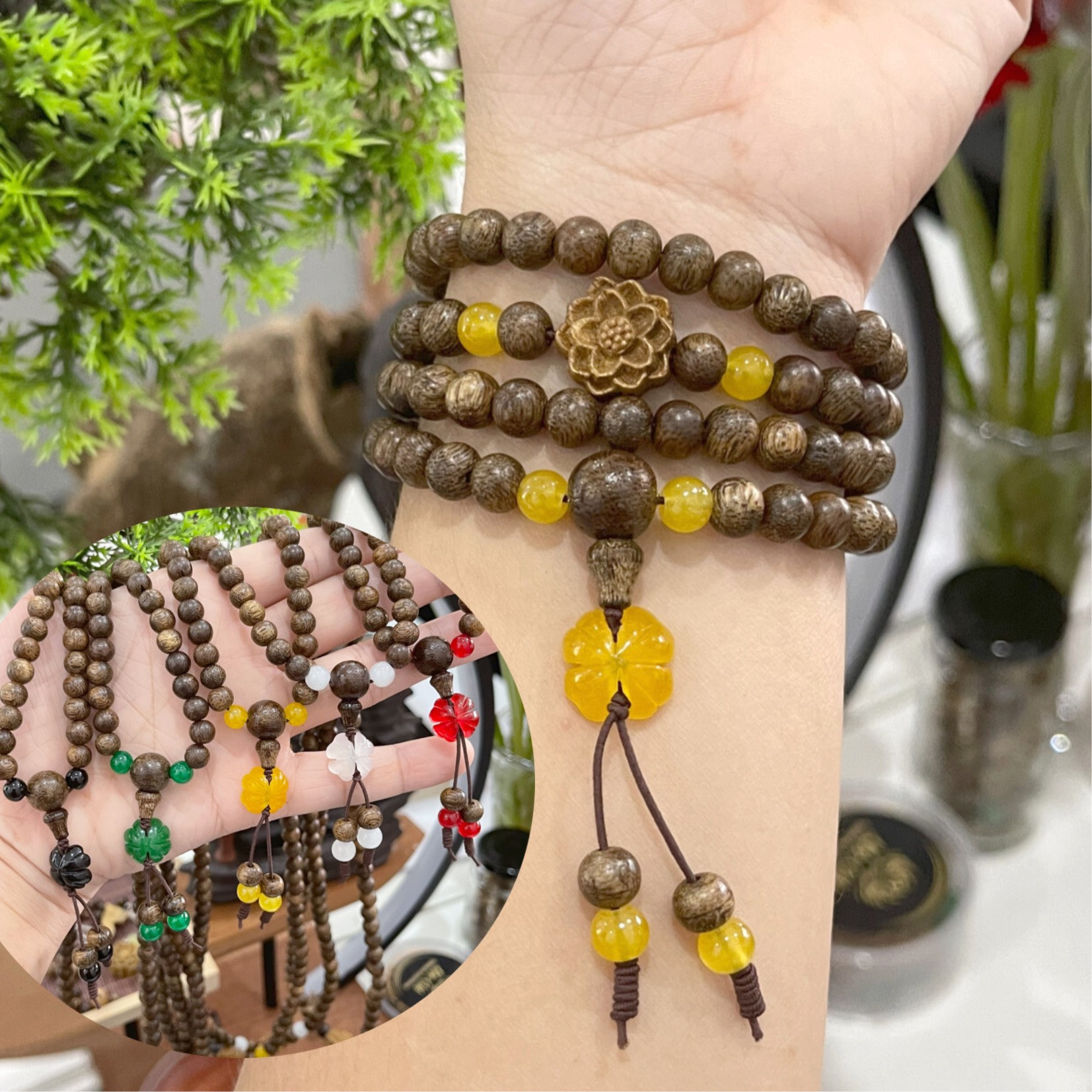 Vòng tay trầm hương tốc campuchia 108 hạt phong thuỷ may mắn| mix lá cỏ 4 lá huyết bình an| size 6li