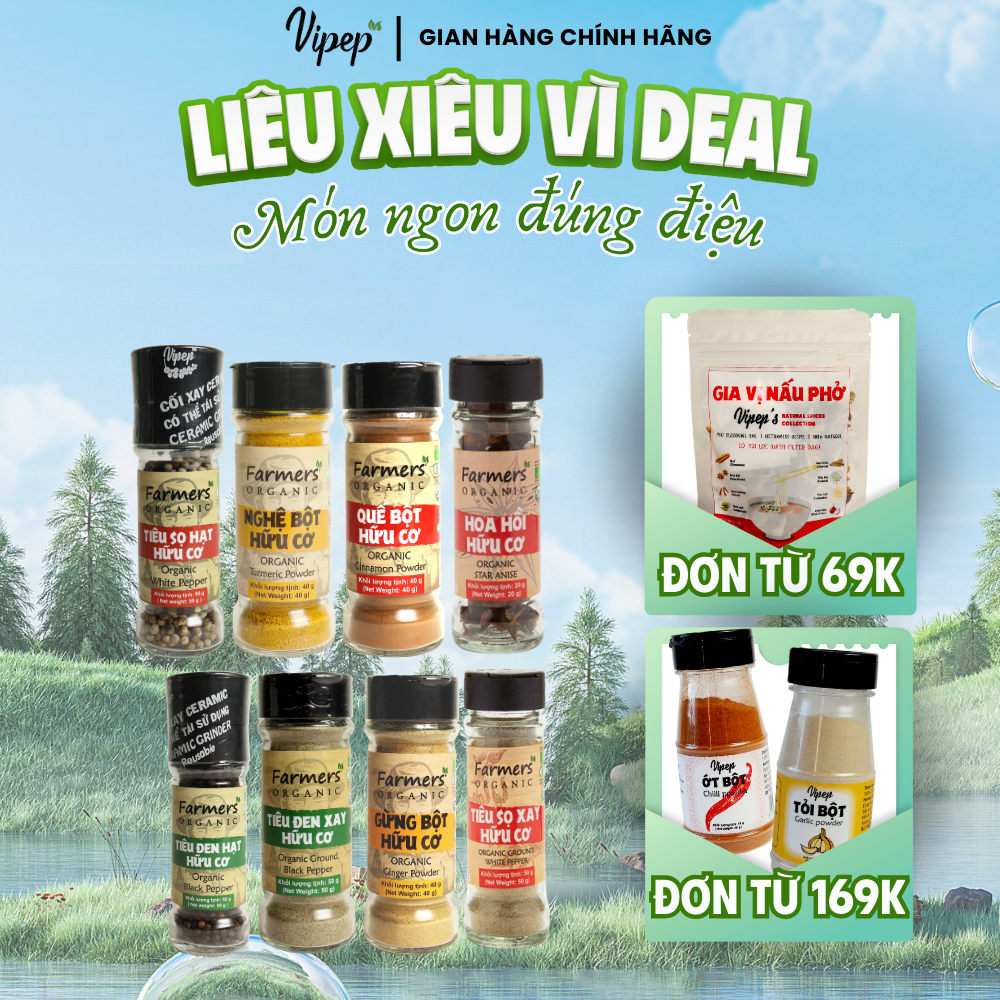 Gia vị hữu cơ nhà bếp vipep - quế bột hữu cơ - nghệ bột hữu cơ - gừng bột hữu cơ - hoa hồi hữu cơ - tiêu đen hc - tiêu sọ hc - gia vị organic