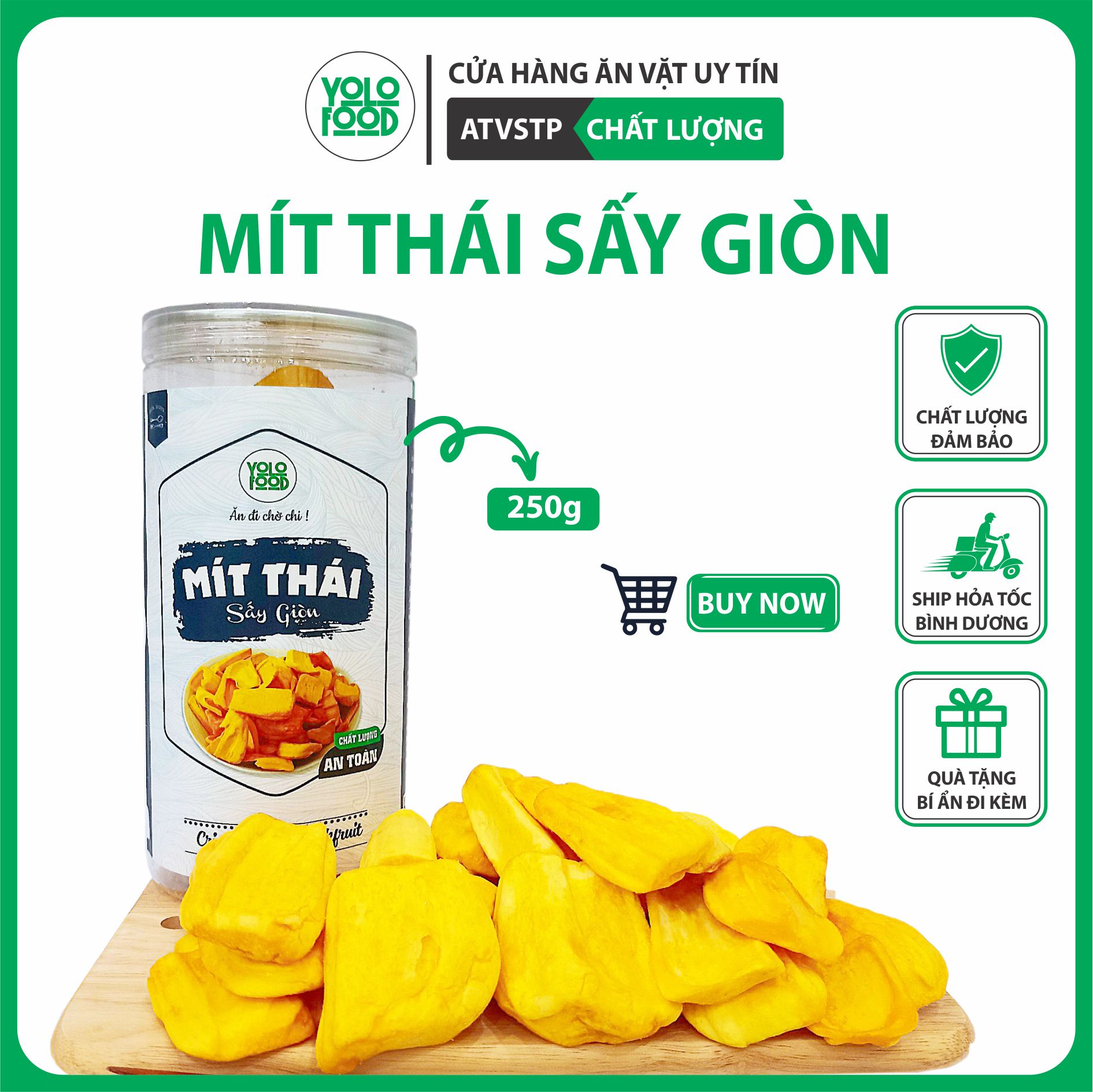 Mít thái sấy giòn 250g YOLO FOOD đồ ăn vặt, ngon, mít sấy tự nhiên, nguyên cánh ,hàng xk chất lượng giòn đóng hộp atvstp