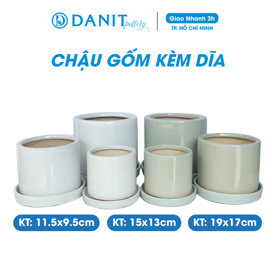 Chậu gốm trồng cây trong nhà DANIT POTTERY chậu cây hình trụ kèm dĩa