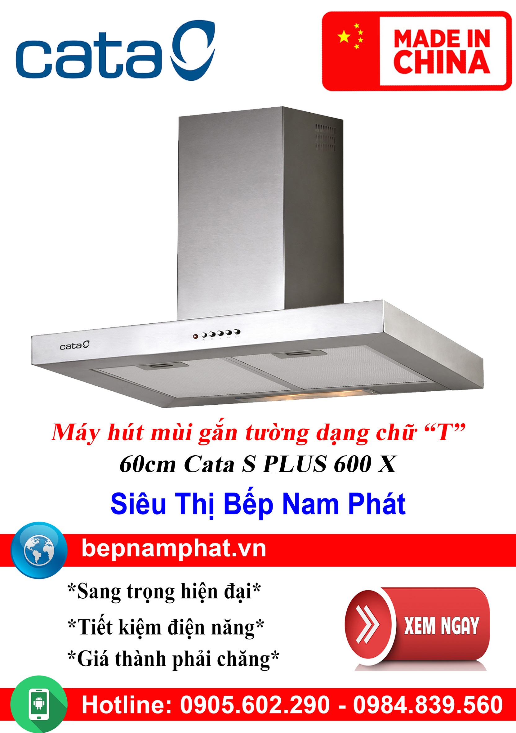 Máy hút mùi Cata S Plus 600 X - Gắn áp tường, màu đen, 60cm