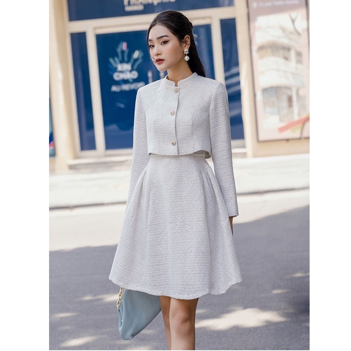 Set bộ đầm trắng phối cúc tiểu thư- Áo khoác phối đầm xòe thanh lich- Chất liệu Dạ cao cấp- Orchid GD27X094