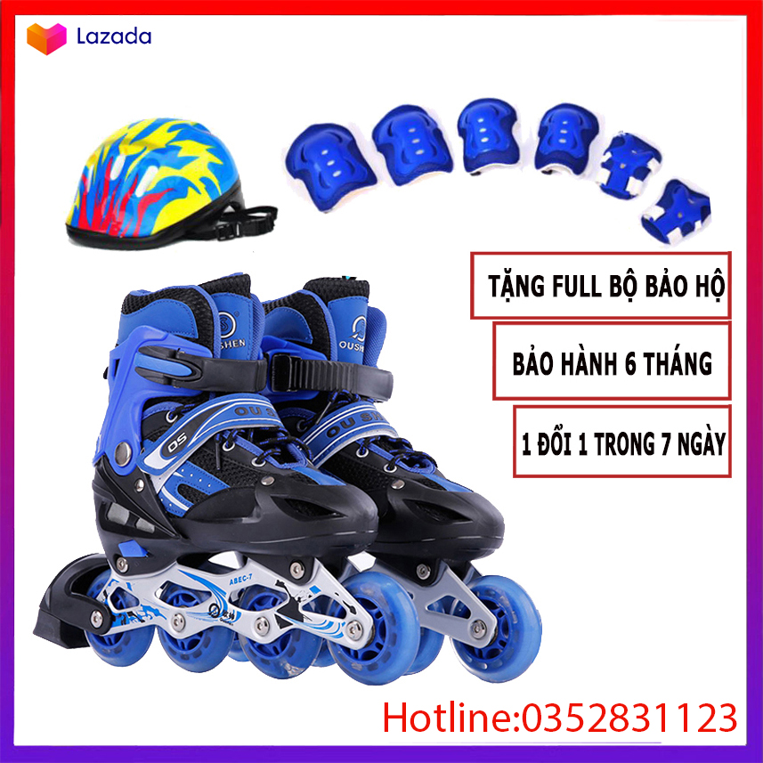Dạy trượt patin cơ bản, Mua giay batin, Giày Patin trẻ em tặng mũ và đồ bảo hộ (5 đến 14 tuổi) với bánh xe có tính đàn hồi cao, chống trầy xước, chống xé rách, chịu mài mòn va đập tốt - BẢO HÀNH UY TÍN 3 Tốt Store