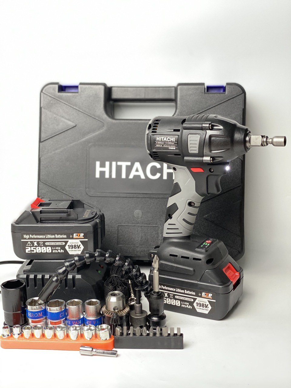 Máy siết bulong HITACHI 198V động cơ không chổi than dùng cho đa năng tặng kèm đầu chuyển vít-chuyển khoan full phụ kiện BH 12 tháng