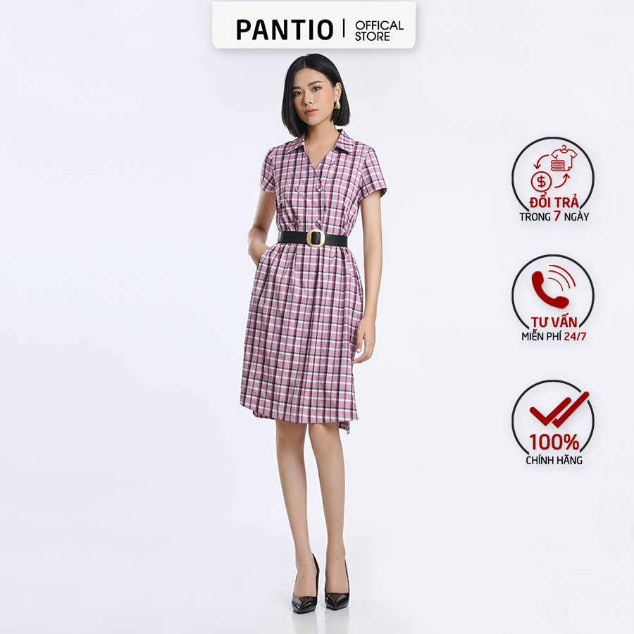 Fdc52484 - đầm công sở ngắn tay cổ sơ mi hoạ tiết caro - pantio