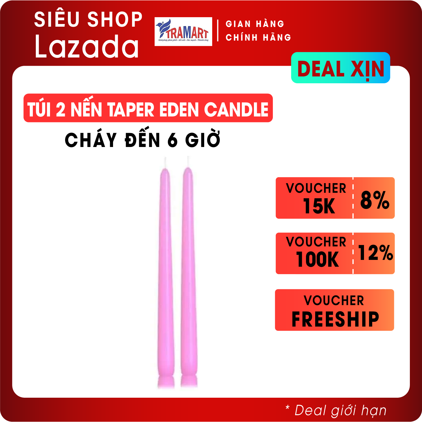 Nến thơm, Túi 2 nến taper Eden Candle FTRAMART EDC2300 cao 25cm (Hồng), phù hợp tất cả các chân nến theo tiêu chuẩn nến taper