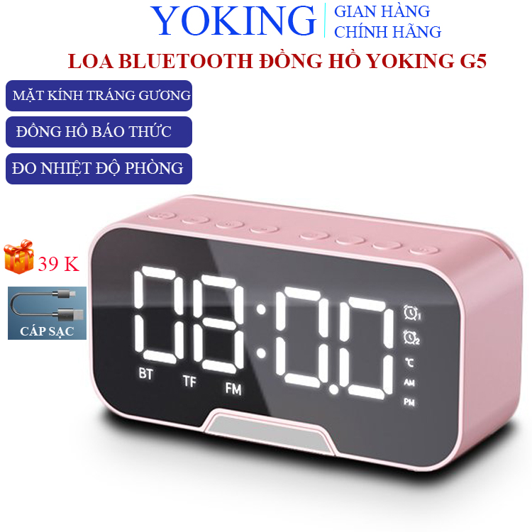 Loa đồng hồ Yoking D88, loa bluetooth không dây nghe nhạc siêu bass mặt kính tráng gương làm đèn ngủ, đo nhiệt độ phòng phiên bản màu hồng