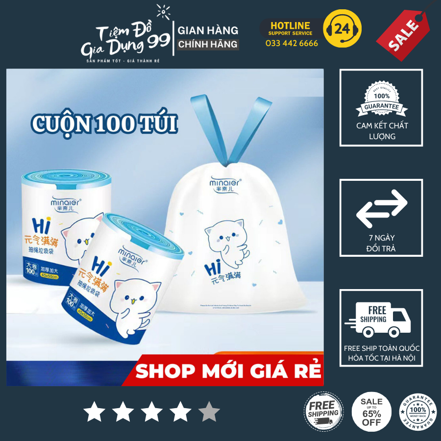 Cuộn 100 túi đựng rác minaier size lớn 45*50cm - chống rò rỉ nước - siêu dẻo dai - có quai xách