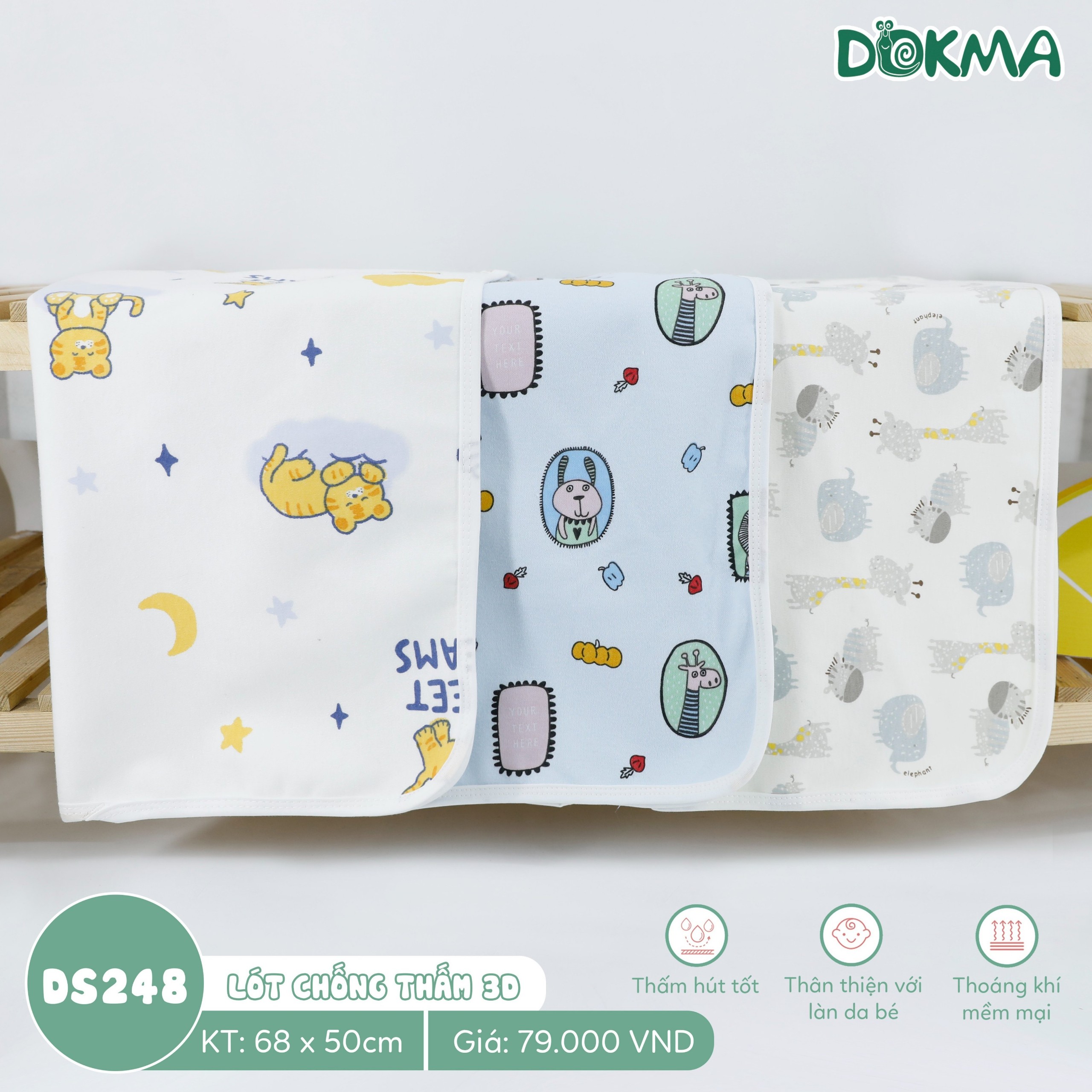 DS248 Tấm lót chống thấm 3D - 3 lớp cotton Dokma cho bé sơ sinh