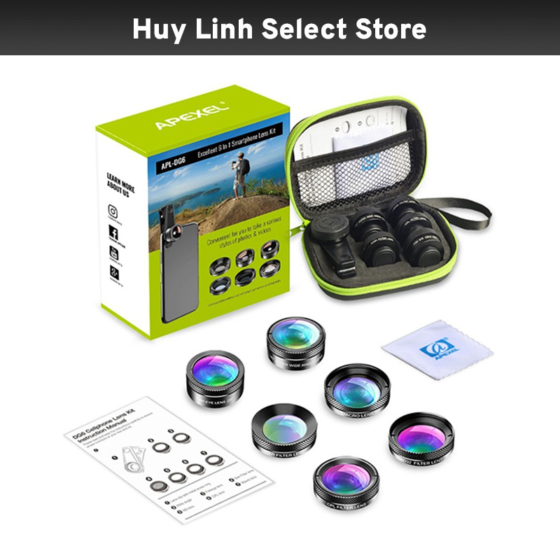 Bộ ống kính Macro đa năng chụp cận cảnh và góc rộng cho điện thoại 6 in1 Apexel APL-DG6