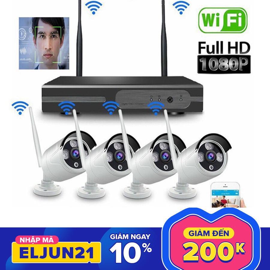Trọn bộ 4 camera không dây wifi nvr4200 wifi camera 2.0m full hd 1080p đầy đủ phụ kiện- nhận dạng khuôn mặt