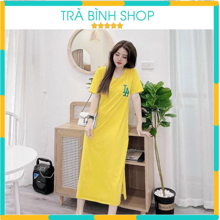 Đầm suông dài đan dây lưng váy cotton cổ tròn ngắn tay họa tiết chữ