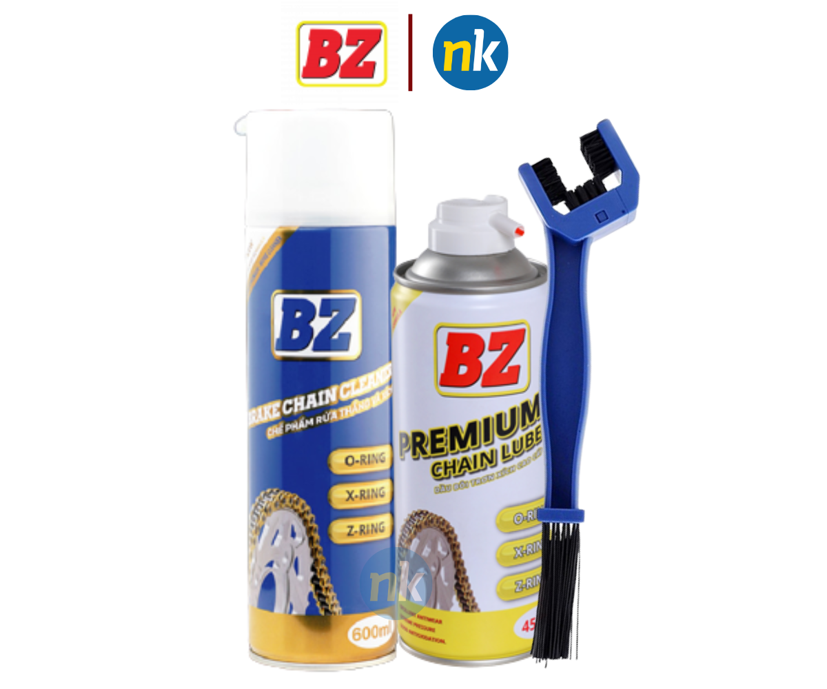 Combo sản phẩm vệ sinh sên BZ CHAIN CLEANER 600ml, bảo dưỡng sên xích BZ Chain Lube 450ml kèm bàn chải vệ sinh sên 3D