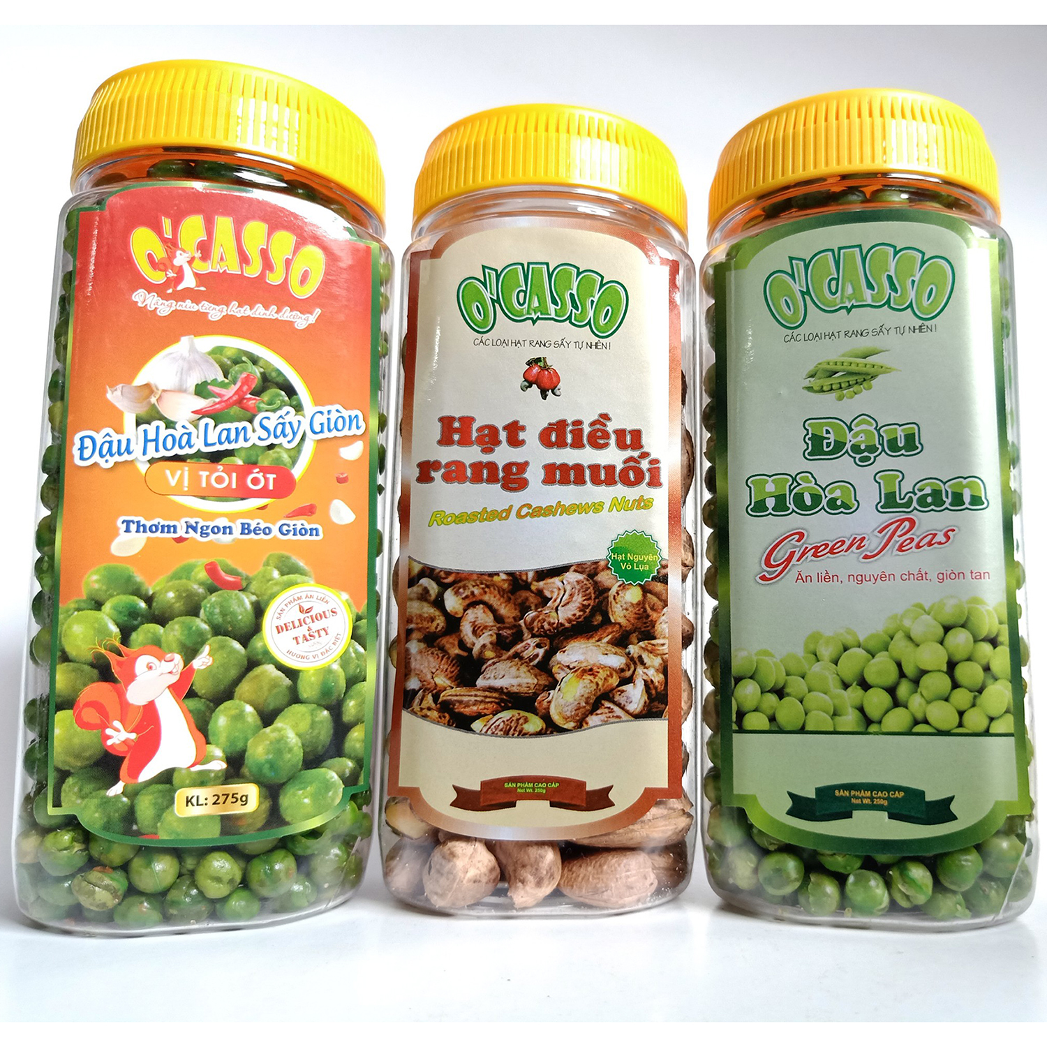 Combo 3 hộp hạt điều rang muối vỏ lụa + đậu hòa lan sấy giòn vị tỏi ớt + đậu hòa lan sấy giòn vị muối ocasso