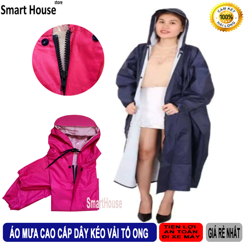 Áo Mưa Cao Cấp Dây Kéo Vải Vảy Cá Không Xẻ Tà 1m4 - Áo Mưa Tổ Ong Đi Xe Máy Dễ Mặc An Toàn Tiện Lợi Có Túi Đựng - Áo Mưa SmartHouse