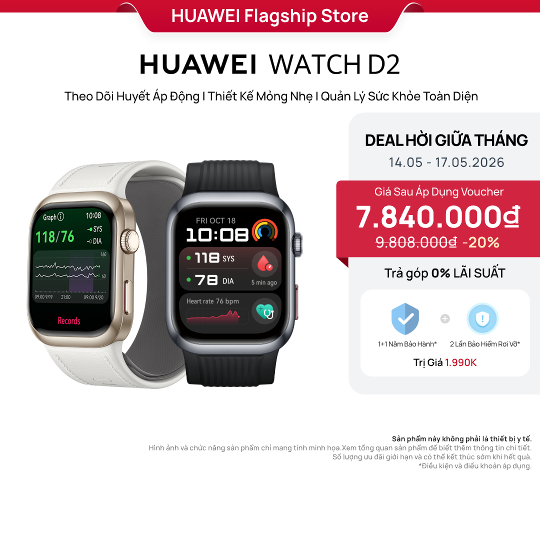 Đồng Hồ Thông Minh HUAWEI WATCH D2 Theo Dõi Huyết Áp Động | Thiết Kế Mỏng Nhẹ | Quản Lý Sức Khỏe Toàn Diện