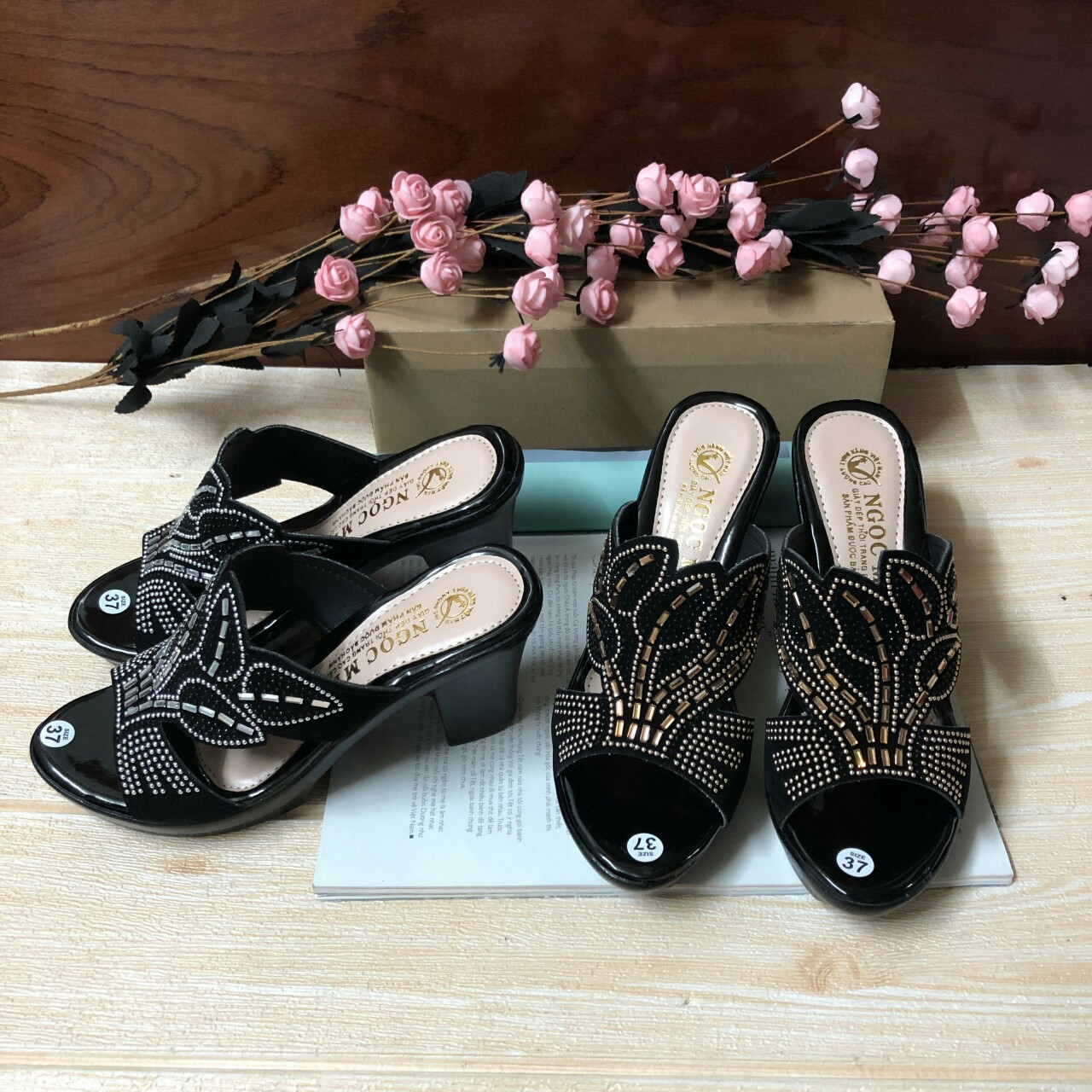 Giày dép nữ/ dép nữ /dép gót nữ đính đá trung niên cao 6 cm [ quà tặng mẹ
