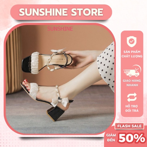 Giày Sandal cao gót nữ đế vuông 7p quai đính nơ xích Sunshine Store A036