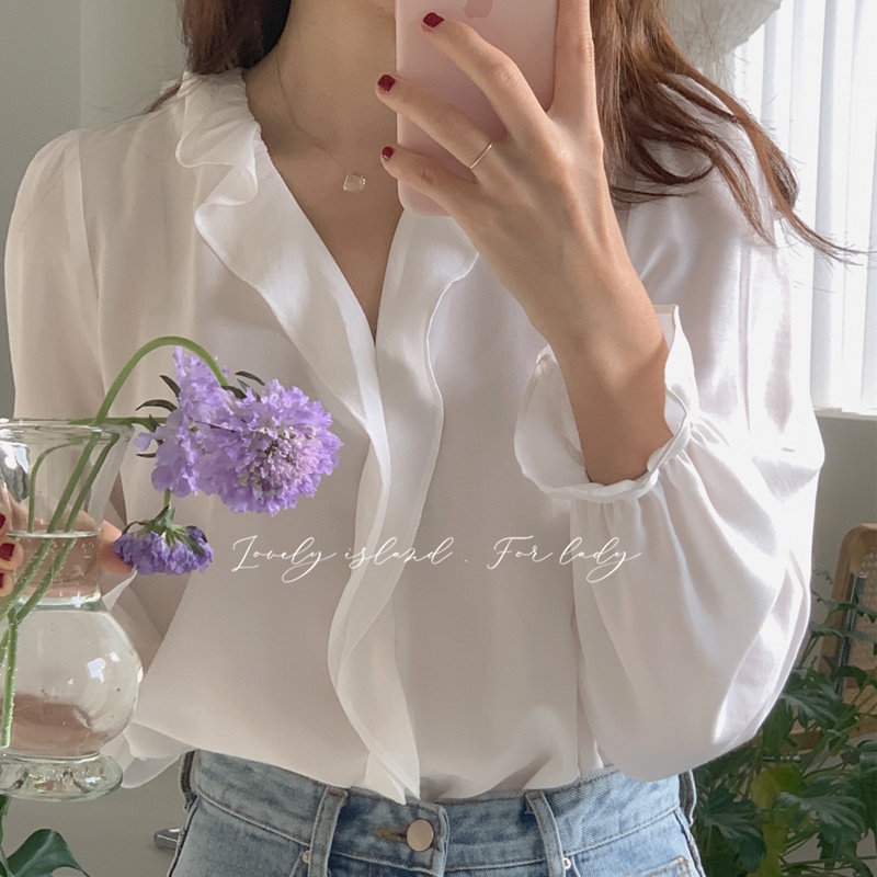 Áo trắng kiểu nữ thanh lịch Hàn Quốc dài tay cổ V phối bèo Áo kiểu nữ bánh bèo cổ tim Tay dài Ulzzang Thời trang