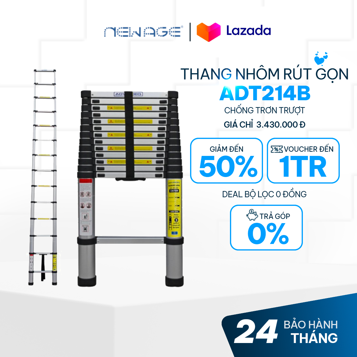 Thang nhôm rút gọn đơn advindeq adt214b 0.9m-4.8m, thang nhôm 14 bậc đa năng bảo hành 24 tháng chính hãng